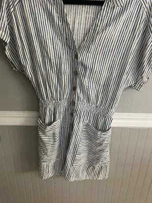 Blue White Stripe Lined Blend Button Down Shirt Short Romper Jumpsuit thumbnail 7