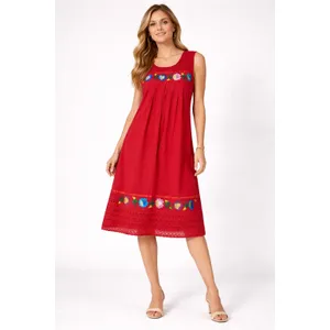 Handmade Mexican Dress M Red Embroidered Muumuu Floral Crochet Boho Hippie Midi thumbnail 2