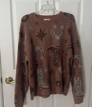 Entro Warm Brown Knit Sweater western glitter detail size large thumbnail 1