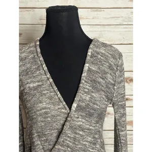 Free People taupe cotton/linen V surplice wrap front marled knit sweater Size S thumbnail 5