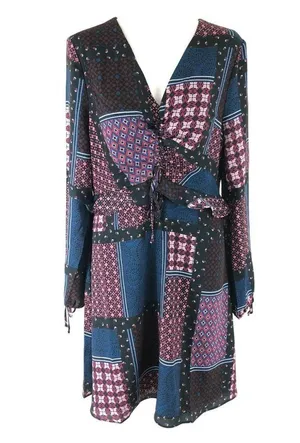 Ella Moon Dress A Line Ruffle Patchwork Geometric Purple Blue V Neck Size M thumbnail 1
