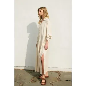 $139 Dress Forum Cotton Linen Pleated Longline Shirt Dress in oatmeal, NWT L thumbnail 2