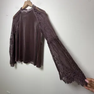 Very J Women Velour Lace Top Top Small Brown‎ Flare Western Boho Peasant thumbnail 4