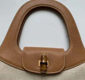 Vintage Authentic Gucci 90’s Leather Bamboo Canvas Shoulder Tan Preppy Classic thumbnail 2