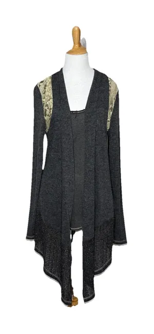 Miss Me Gray Open Front Lace Embellished Cardigan Duster Sweater and Tank Sz Med thumbnail 1