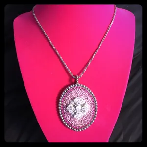 Vintage Pink Crystal Floral Statement Pendant Necklace Silver Tone 16” thumbnail 5