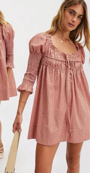 Free People Retro 70s Babydoll Star Dip Mini Dress in Red Combo Size Medium thumbnail 1