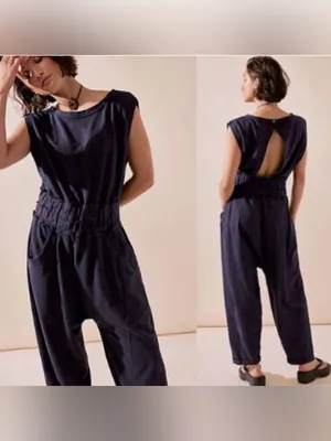 Free People Jamie Jumpsuit Sz Small Navy Blue Open Back Boho thumbnail 2