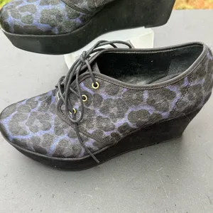 Nicole Wedge Oxfords Women Size 8M Black Blue Leopard Print Lace Up Shoes thumbnail 3