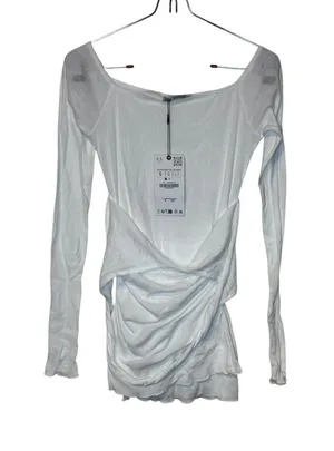 Zara Women‎ Top Semi Sheer Layered Boatneck Long Sleeve White Cotton Small NWT thumbnail 1