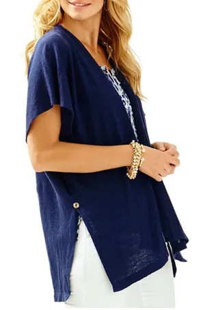 Lilly Pulitzer Linen Cardigan Sweater XXS XS True Navy Myra Open Front Drape thumbnail 1