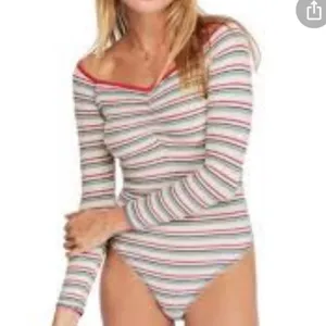 Free People Striped Ribbed Off Shoulder Bodysuit Womens XS Sweetheart Neckline thumbnail 5
