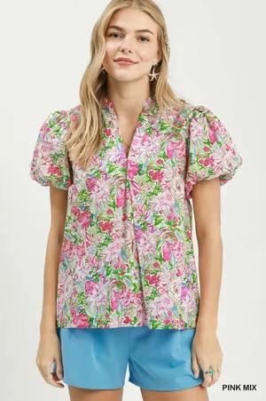 Umgee‎ Floral Puff Sleeve Blouse - Pink mix - Medium thumbnail 1