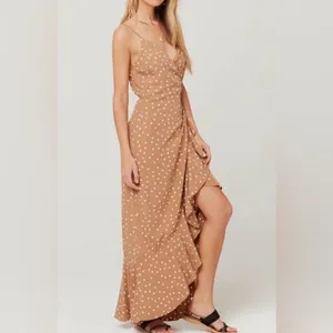 L*Space Polka Dot‎ Wrap Dress Tan Ruffle Maxi Dress Size M thumbnail 3
