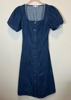 Zoe and Claire Denim Midi Dress Short Puff Sleeve Button Front Blue Small thumbnail 1