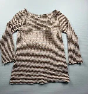 BP. Womens Striped Ribbed Knit‎ Scoop Neck Long Sleeve Top Brown White Size S thumbnail 1