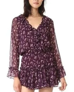 MISA Los Angeles Alina Mini Dress Purple Floral Ruffle Smocked‎ Flirty Small thumbnail 1