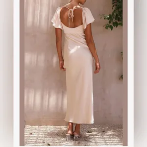 Champagne bridesmaid maxi dress formal summer gown flutter sleeves & open back thumbnail 2