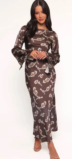 NWT Petal & Pup Floral Maxi Dress Long Sleeve Brown Size 4 Minimalist Fall Glam thumbnail 1