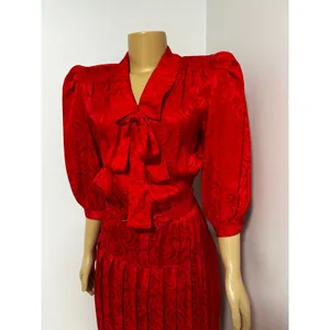 Argenti Vintage Red 100% Silk Jacquard Bow Belted Midi Dress Womens 6 thumbnail 2