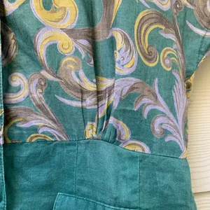 Vintage 80s Dress Linen Dress Green Pencil Skirt Floral‎ Short Sleeves Button-Up thumbnail 12