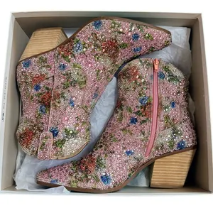 Betsey Johnson Dive F Pink Floral Rhinestone Ankle Bootie Sz 8 Western thumbnail 7