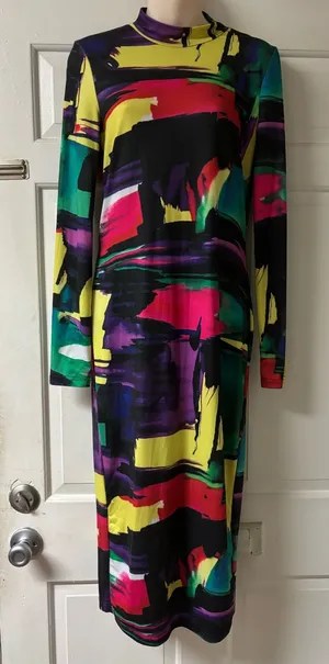 Abstract Multicolor Long Sleeve Midi Dress - Black Base thumbnail 1