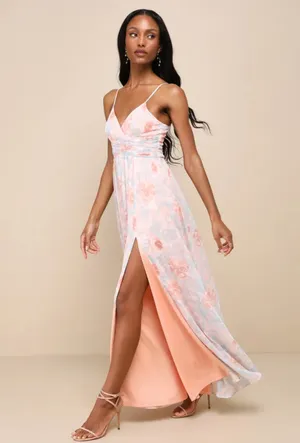 Lulus Exceptional Sweetness Peach Floral Chiffon Pleated Maxi Dress Size XL thumbnail 3