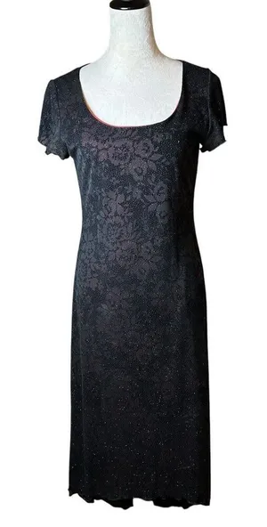 Vintage Y2K AGB Black Sparkle Floral Hi-Low Dress Sz 6 | Goth Party Made‎ in USA thumbnail 1