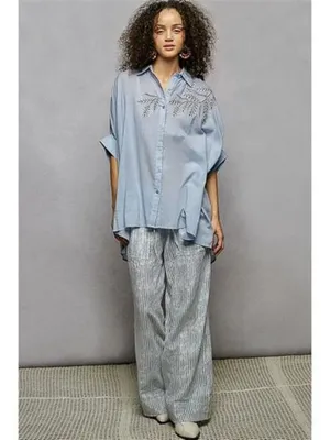 POL Button Down Embroidered‎ Floral High-Low Hem Shirt thumbnail 5