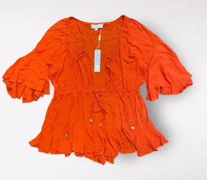 Meshki‎ Orange Skyla Playsuit Romper NWT Off Shoulder V-Neck Tasseled Size M thumbnail 1