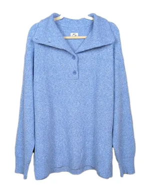 AERIE Blue V-Neck Collared Textured Oversize Sweater Drop Shoulder Women's Large thumbnail 1