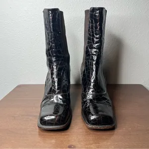 VTG Michael Perry Dark Brown Leather Crocodile Square Toe Block Heel Ankle Boots thumbnail 4