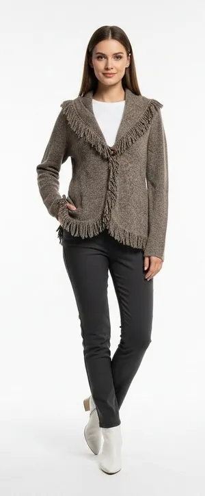 Susan Bristol Womens Medium Brown Wool Blend Fringe Trim Toggle Cardigan Sweater thumbnail 1