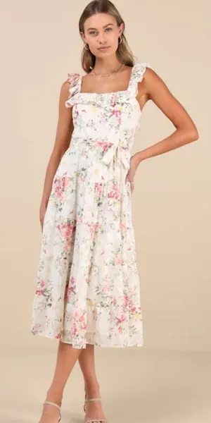 Lulus Shela Ivory Floral Jacquard Tiered Midi Dress‎ Ruffle Womens Medium NEW thumbnail 1
