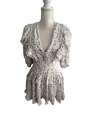 JENS PIRATES BOOTY Floral White Smocked Waist Mini Dress Size XL thumbnail 4