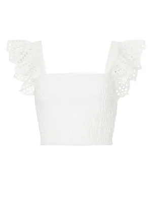 Misa Los Angeles Abelia Top White Smocked Eyelet Flutter Sleeve Crop Top Size S thumbnail 3