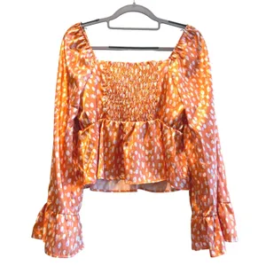 Altar'd State Orange Polka Dot Satin Peplum Top Long Bell Sleeve Smocked‎ Medium thumbnail 4