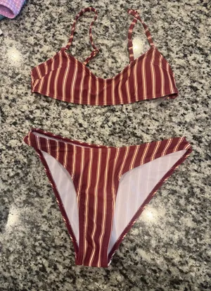 Red and cream stripped bikini set thumbnail 1