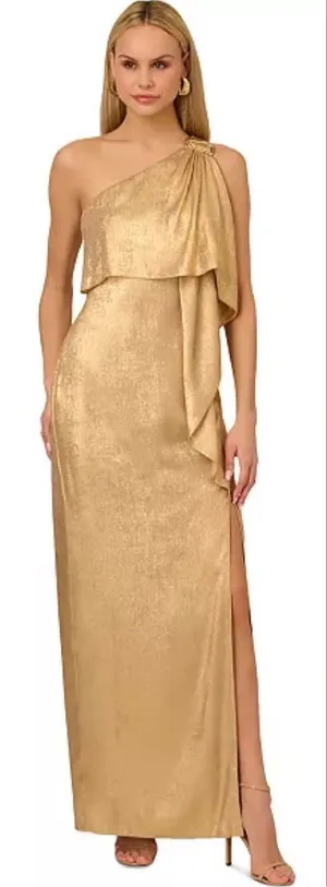 Adrianna Adrianna Papell Gold Metallic Layered One-Shoulder Gown Size 2 thumbnail 1