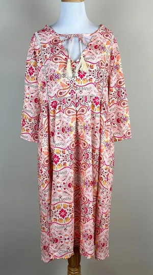 Sheilay Midi Dress Womens Large Pink Floral Tassel 3/4 Sleeve V-Neck‎ Summer NEW thumbnail 1