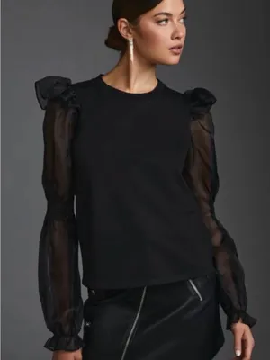 Anthropologie knit top with sheet puff sleeves black L dark romance whimsigoth thumbnail 1