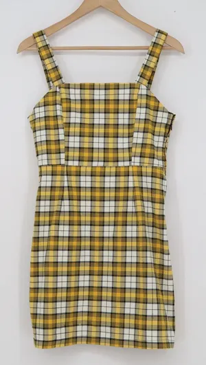 H&M Divided Yellow Plaid Mini Pinafore Dress Womens Size 6 Square Neck 90s Style thumbnail 1