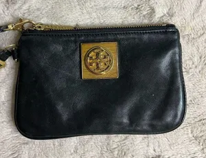 Tory Burch Black and Gold Clutch with Leather Finish and Zipper Closure thumbnail 8