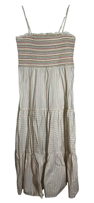 American Eagle‎ Striped Smocked Tiered Midi Dress Boho Cotton White Multi Sz XL thumbnail 1