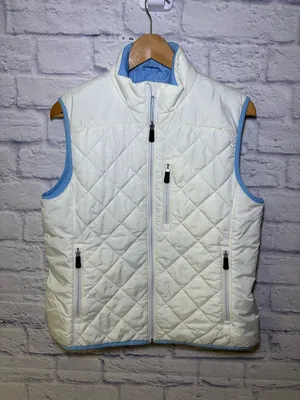 Lands End Vest Women's Size Med 10/12 White Blue Quilted Warm Full Zip Primaloft thumbnail 1