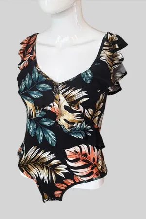 Floral Ruffle V-Neck Black Tropical Leaf Bodysuit thumbnail 1
