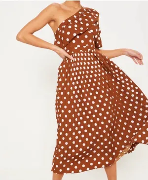 Pretty Little Thing Women's One-Shoulder Brown Polka Dot Midi Dress Size 4 thumbnail 1