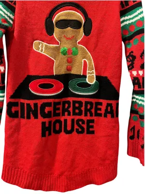 Derek Heart DJ Gingerbread House Music Ugly Christmas Sweater Red Small Womens thumbnail 4