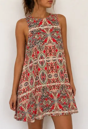 Lulus Red Paisley Mini Dress‎ High Neck Shift Small Boho Festival thumbnail 1